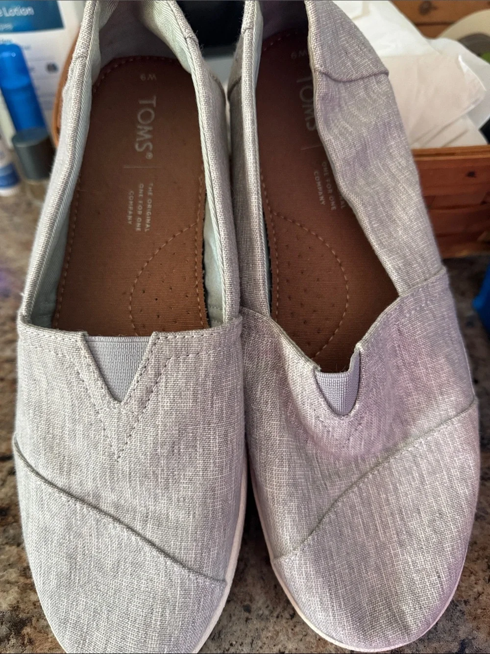Toms Light Gray Canvas Slip-On Sneakers with Light Blue Patch - Picture 2 of 3
